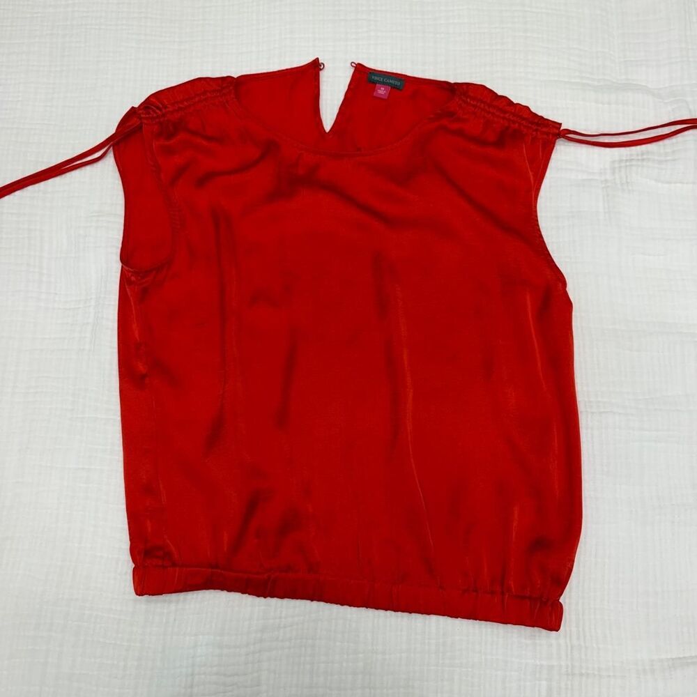 vince camuto red satin ruched shoulder blouse